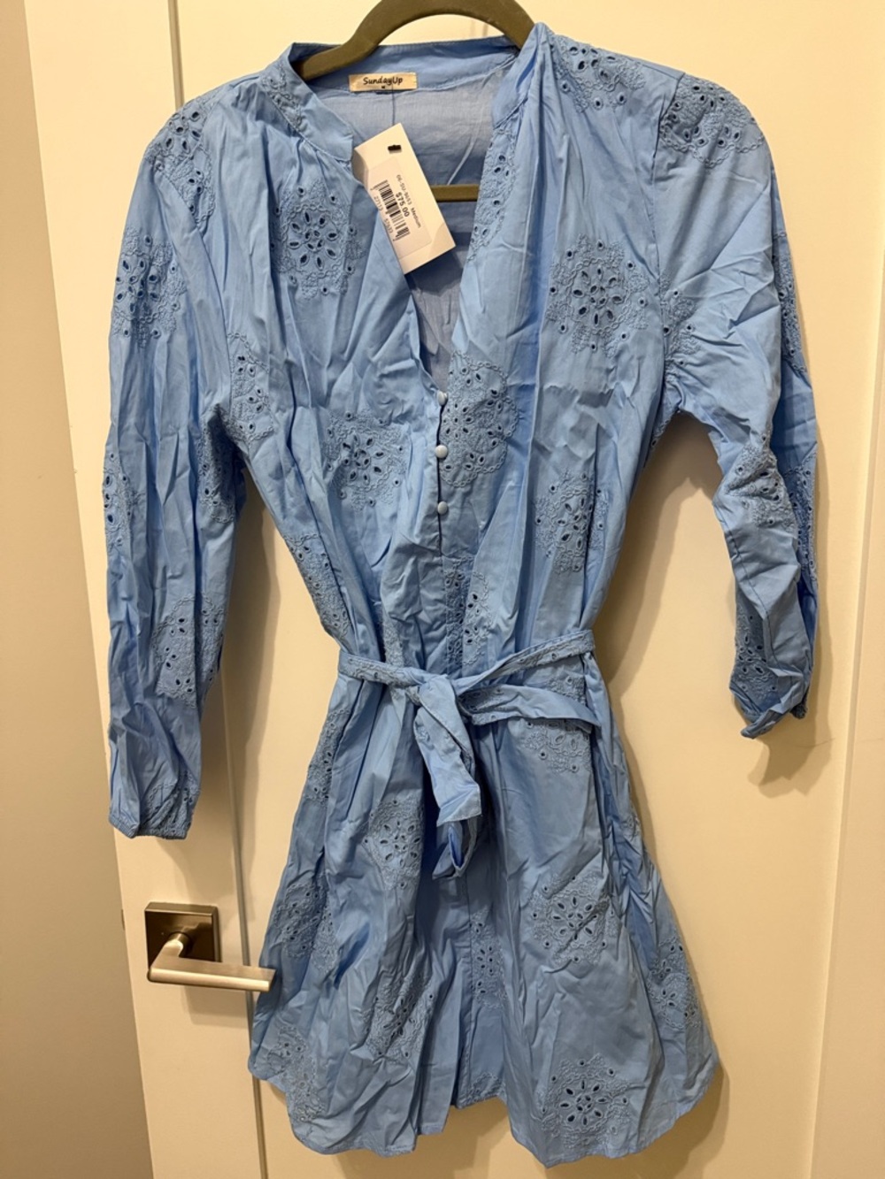Sundance Sky Blue Eyelet Belted Shirt Dress